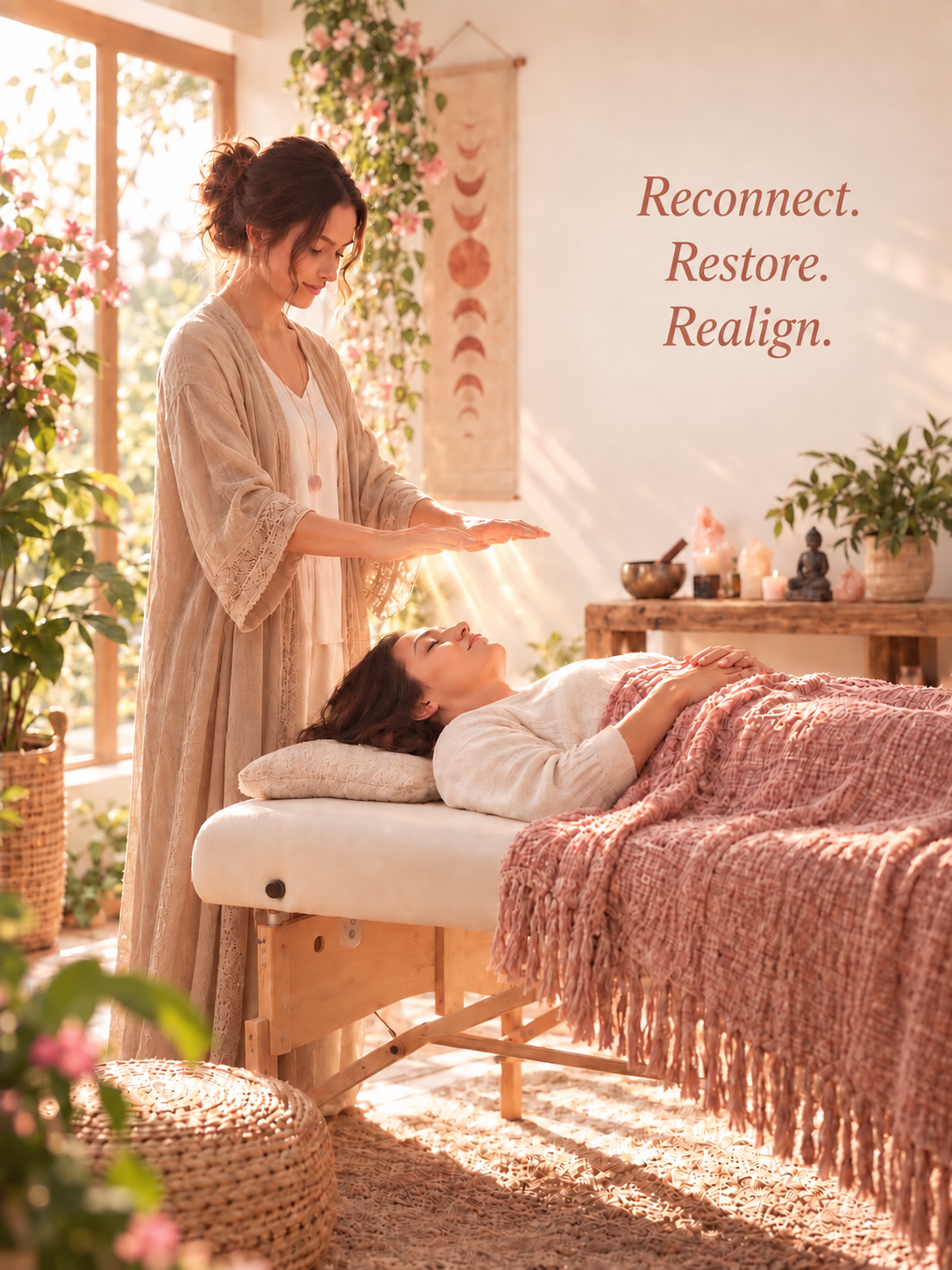 Reiki practitioner working with a clothed client resting on a treatment table