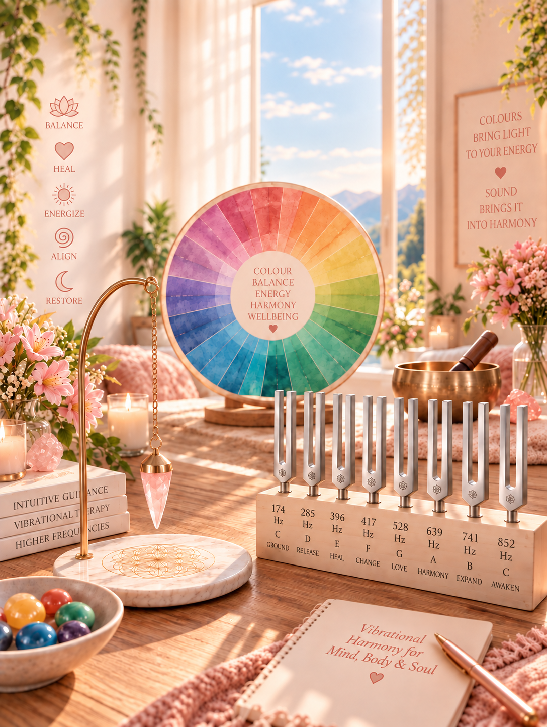 Colour & Sound Therapy set-up with a rainbow colour wheel, tuning forks on a frequency chart, a rose quartz pendulum and a singing bowl on a sunlit wooden table