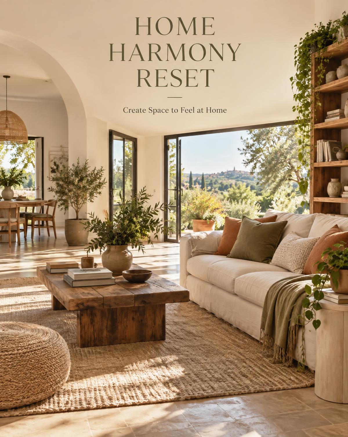 Open, sunlit living space with plants, wood and warm earthy textiles