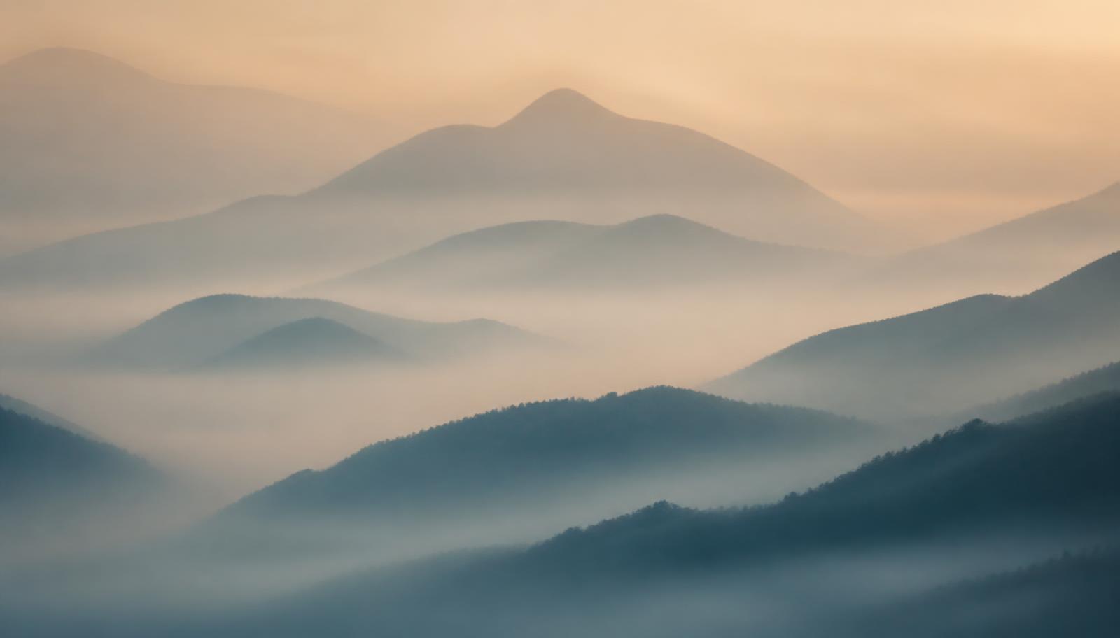 Layered misty mountains at dawn