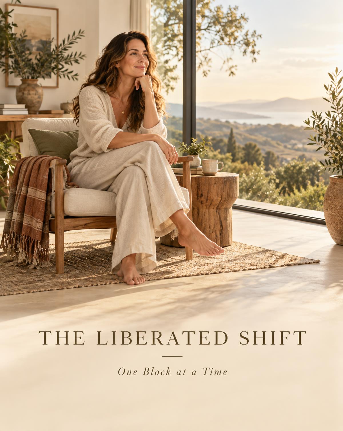 Woman sitting calmly by a sunlit window with an open landscape beyond